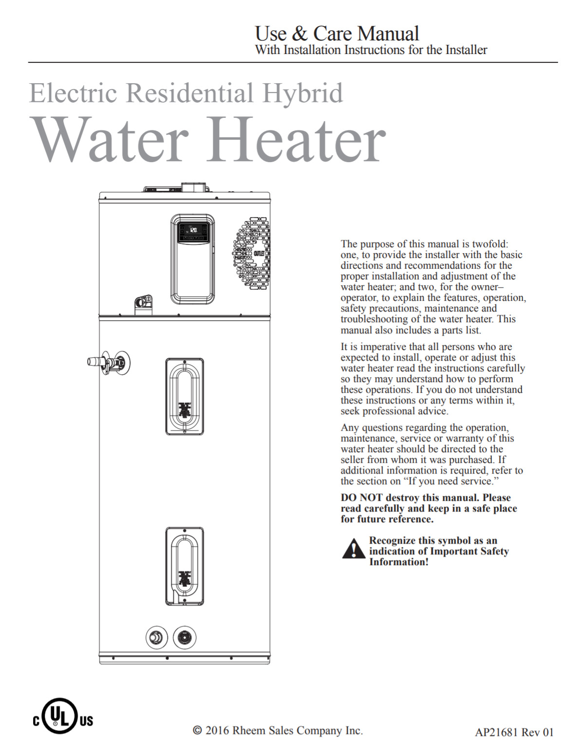 Electric Residential Hybrid Water Heater